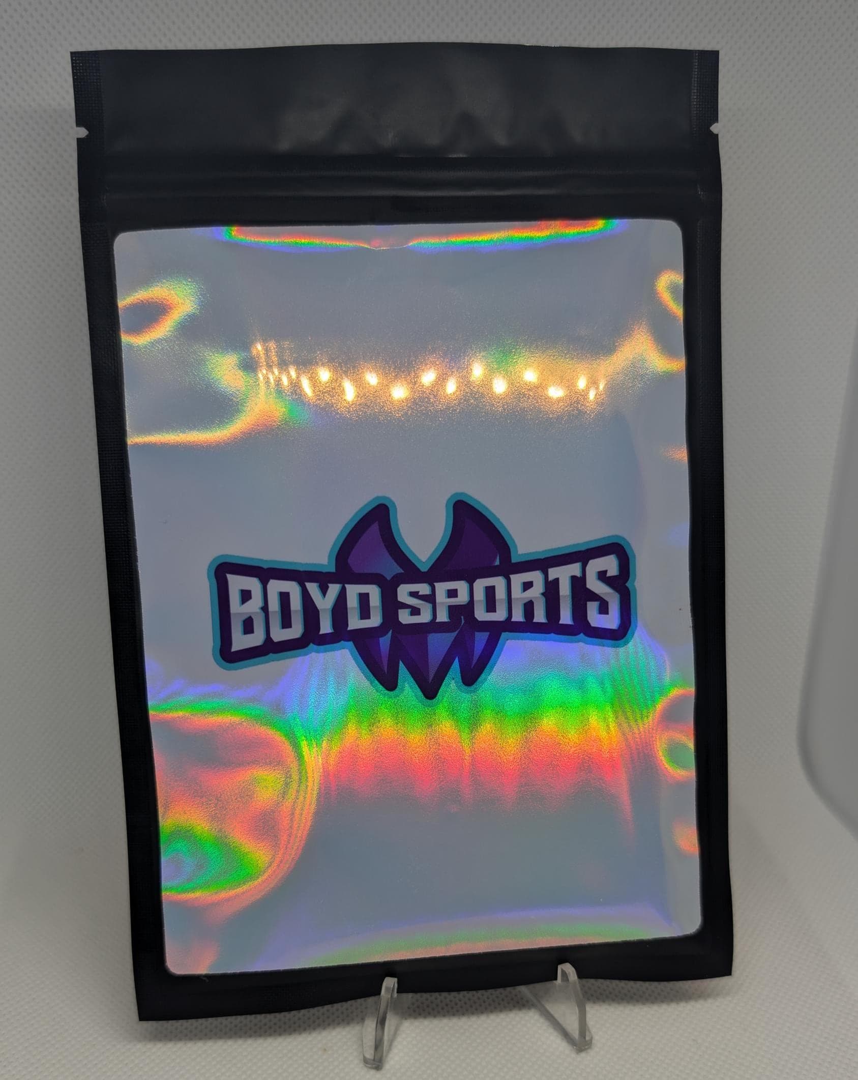 Custom Mylar Sports Card Repack Bags with Holographic Branding Sticker view 3